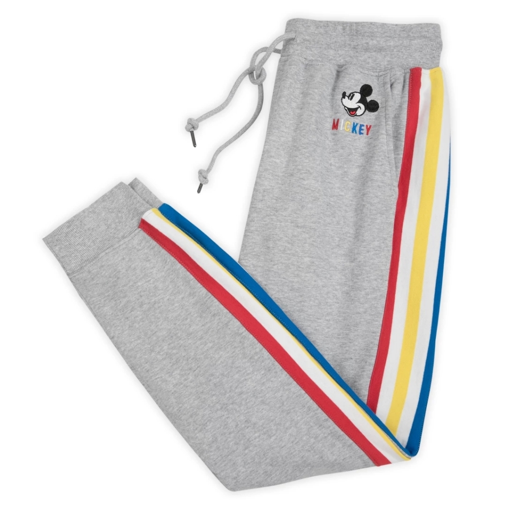 Mickey Mouse White & Grey Jogger Sweatpants with Retro Rainbow Racing Stripes